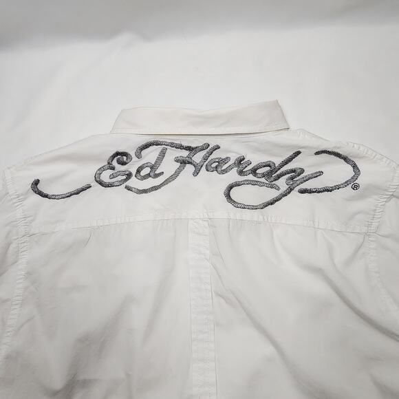 Ed Hardy Long Sleeve White Button-Up Large Skull On Pocket - Picture 4 of 11